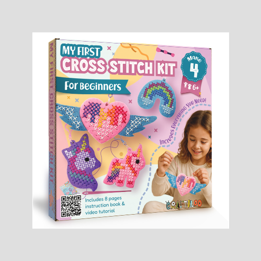 My First Cross Stitch Kit for Kids Ages 6–12 – Beginner Needlepoint Set with Pre-Cut Felt, Thread & Keyrings – Makes 4 Colorful Designs: Unicorn, Rainbow, Winged Heart