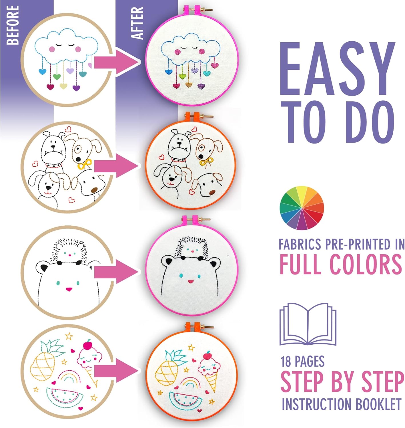Beginner Embroidery Kit – 10 Stamped Patterns for Kids & Teens