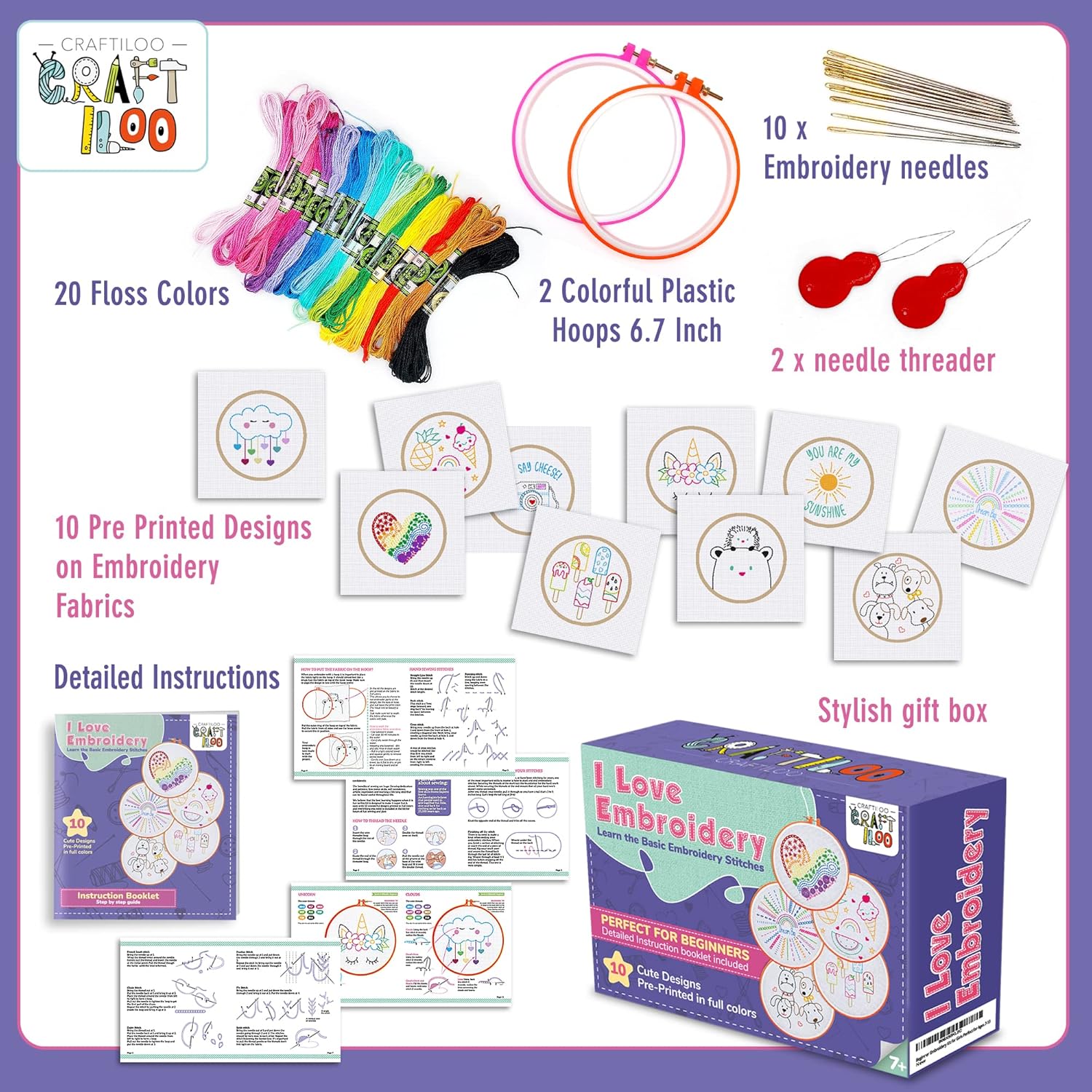 Beginner Embroidery Kit – 10 Stamped Patterns for Kids & Teens